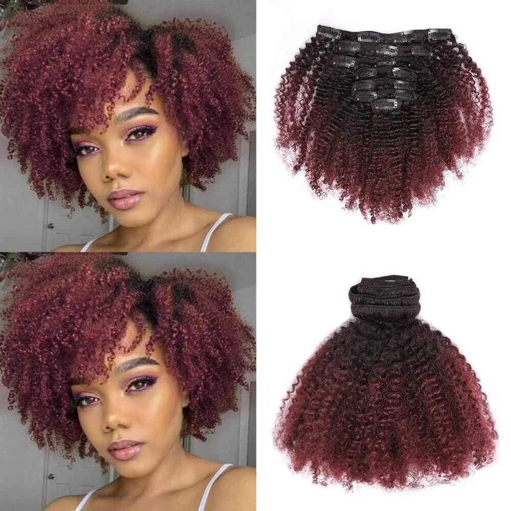 Human Hair Curly Clip Ins Afro Kinky Curly 10in Ombre Black to Red